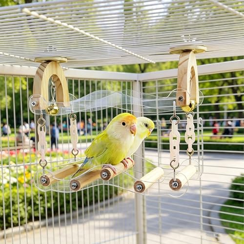 Bird Swing for Cage, Wooden Parakeet Swing Perch Toy with Clear Acrylic Wavy Bridge, Bell and Hanging Chains, Bird Cage Accessories for Budgies, Cockatiels, Lovebirds and Conures