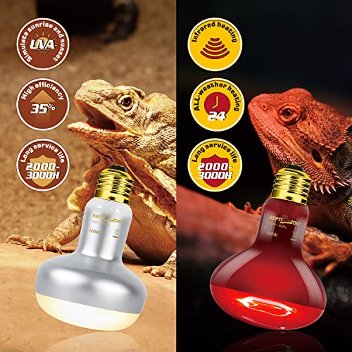 REPTI ZOO 2 Pack 100W Reptile Heat Lamp Bulbs,Upgraded Reptile Day and Night Basking Spot Bulb Combo Amphibian Infrared Heat Lamp Bulb/UVA Basking Spot Daylight Heating Light Bulb - style: Style 1