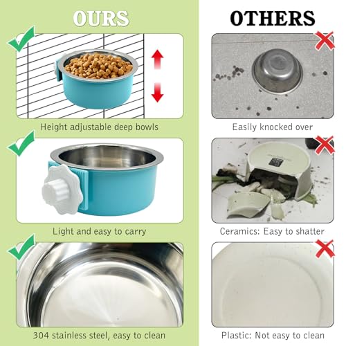 Tfwadmx 4 Pcs Crate Dog Bowl Cat Removable Stainless Steel Food and Water Feeder Hanging Cage Bowls Coop Cup with Cleaning Set for Pet Puppy Bird Rat Guinea Pig Ferret Bunny Rabbit (Light Blue&Green) - color: Light blue, light green (4 PCS)