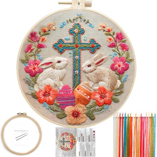 FONNUY Easter Rabbit Floral Cross Embroidery Kit, Easter Egg Happy Rabbits Bunny Stamped Pattern Kits for Audlt Beginners, Hand Works Crafts, 8 x 8'' (Happy Bunny 01) - color: Happy Bunny 01