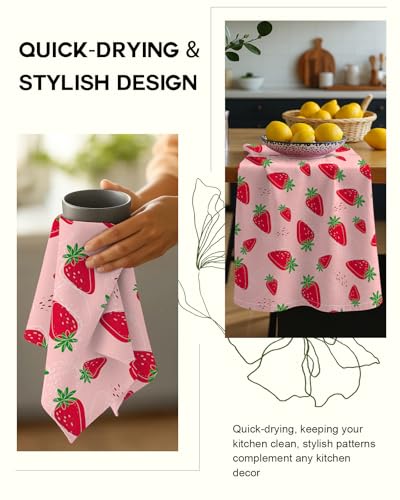 150GSM Flour Sack Kitchen Towels Set of 2, Line Strawberry | 18"x26", Lightweight, Lint-Free, Pure Cotton, Decorative, with Hanging Loop, Absorbent, Softer after Wash, Giftable Package - color: Line Strawberry