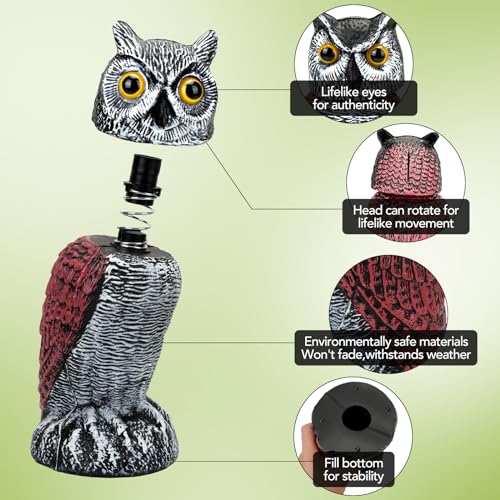 3-Pack Fake Owl Decoys to Scare Birds Away, Rotating Head Plastic Owl Bird Deterrents, Nature Enemy Scarecrow Plastic Statues, Pest Repellent for Gardens and Patios