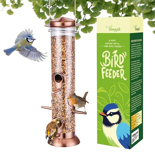 Bird Feeders for Outdoors,13 Inch 6 Ports Squirrel Proof Bird Feefers,Finch Feeder for Outside,Chew-Proof Metal Hanging Bird Feeder,Rust-Proof,Easy to Refill & Clean,Copper,Pack of 1 - color: Copper 13inch Metal, Pack 1