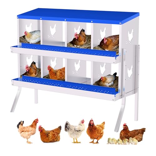 GarveeHome 8 Holes Nesting Boxes for Chickens, Roll Away Chicken Nesting Box with Lid Cover, Easy Egg Collection, Chicken Laying Box for Outdoor, Poultry Coop, Farm, Yard, with Bracket Legs