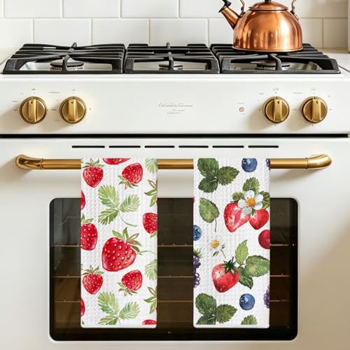 2 Pcs Strawberry Kitchen Towels, Summer Fruits Seamless Pattern Hand Towels | Strawberry Gifts for Women Mom Grandma, Absorbent Microfiber Dish Cloth Tea Towel for Kitchen Home Decor 24x14 Inch - color: Multi 1382
