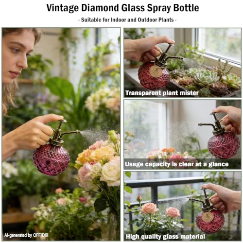 Plant Mister, Amaranth Glass Decorative Vintage Spray Bottle 10 oz | Glass Mister with Plastic Pump, 300ML Small Watering Can Decorative for Indoor Outdoor Succulent Garden Cleaning Empty Bottle - color: B-Amaranth