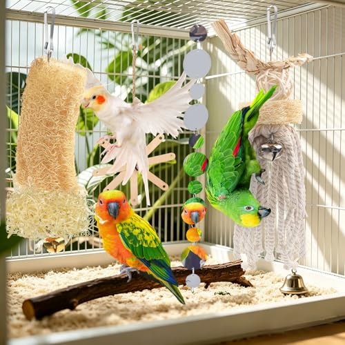 QUOZUO Small Bird Toys Paper Scraps Parakeet Cage Accessories with Bell, Rope Swing Hanging Standing Chewing Toy, Wood Bird Toys for Parakeets, Cockatiel, Parrot, 4pcs