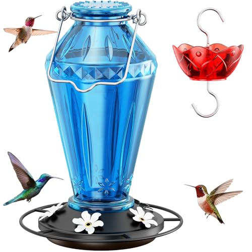 Birdream Hummingbird Feeders for Outdoors, 25oz Glass Hummingbird Feeder with Perch & 5 Bee Guard Feeding Ports, Leak Proof, Includes Ant Moat and Cleaning Brush, Gift for Women Mom, Blue - color: Blue