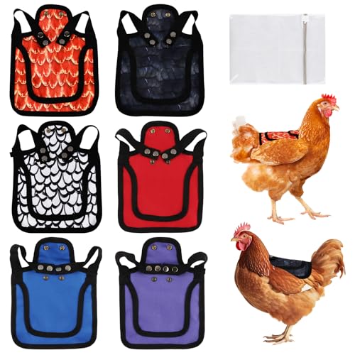 6 Pack Chicken Saddle for Hens, Hen Back Protector Aprons with Adjustable Tie Straps, Chicken Vest for Rooster Mating Shield & Feather Coverage, Includes Laundry Bag