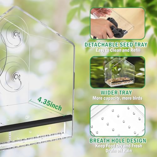 Window Bird Feeder with Strong Suction Cups - Removable Tray | Extra deep 4.35" detachable tray, 2.36" heavy duty suction cup, clear bird feeder for window, fits finches, cardinals - color: Clear, size: 4.35IN