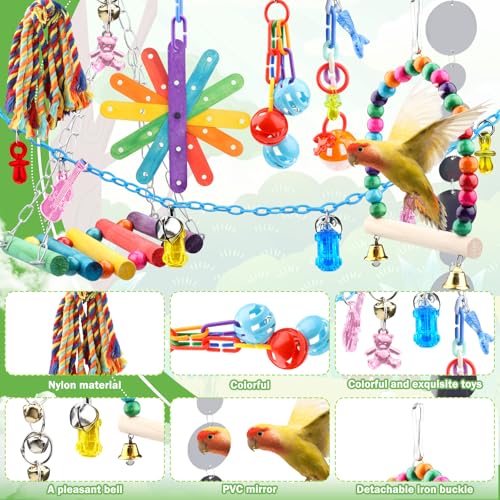 QUOZUO 9 Pcs Parakeet Cockatiel Bird Toys, Parrots Cage Accessories Swing Rope Hanging Wooden Perch Chewing Toy for Budgerigar, Parrot, Cockatiel