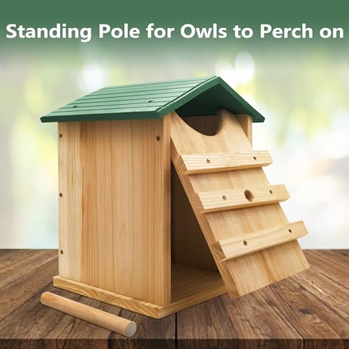Screech Owl House 14 x 10 Inch, Cedar Wood Owl Box with Bird Stand Design, Owl Nesting Box with Mounting Screws and Wood Shavings - style: Bird Stand Design