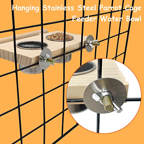 Tfwadmx Bird Food Stainless Steel Cups Wooden Perch Stand Hanging Feeder Bowls Feeding and Watering Supplies for Parakeets Conures Cockatiels Budgie Parrot - size: 8’’x 5’’