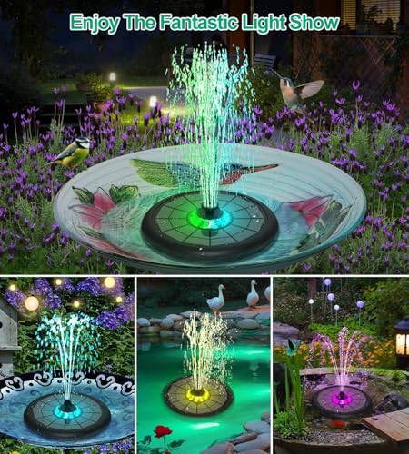 SZMP Powerful 5W Solar Powered Water Fountain for Bird Bath, Upgraded Glass Panel with Colorful Light Show, 7 Nozzles, Anti-Drift Fixer, 2000mAh Battery