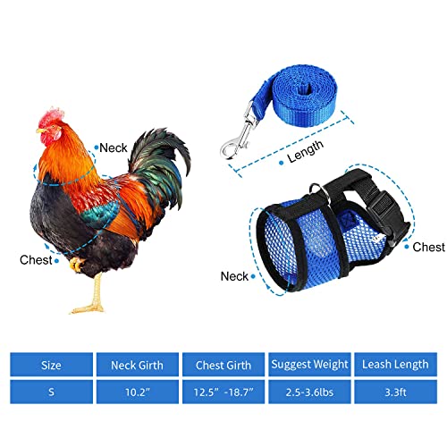 Chicken Harness (Medium, Blue) with Leash, Breathable, Adjustable, Comfortable for Chickens, Ducks, Geese, and Small Pets