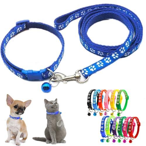 Blue Puppy Lead and Collar Sets, Extra Small Dog Collar and Lead Set Pawprint Adjustable Kitten Collar with Bell for Tiny Little XXS XS Small Breed Pets Dogs Cats Girls Female - color: Dark Blue