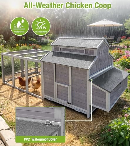 GUTINNEEN Extra Large Walk-in Chicken Coop with Run Waterproof UV Resistant Chicken House with Large Nesting Box 113.5" L Gray Outdoor Backyard Hen House - size: 113.5"L