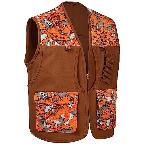 BASSDASH Upland Game Field Water-Resistant Bird Hunting Vest with Multi Pockets Men Women FV11 - color: Brown/Flame Camo, size: Medium