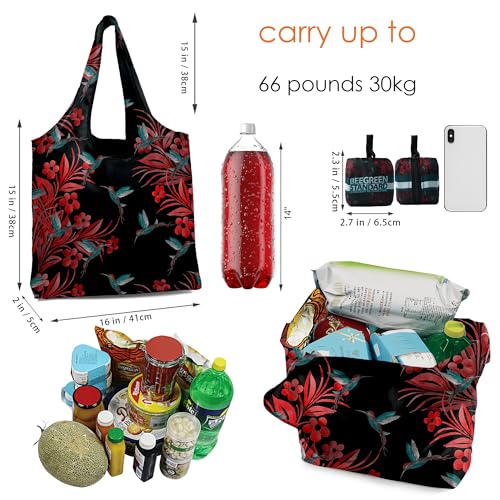 BeeGreen Reusable Grocery Shopping Bag -Travel Tote Bag - Foldable Compact Sturdy Bags - color: Red and Black Birds, style: Standard Extra Large
