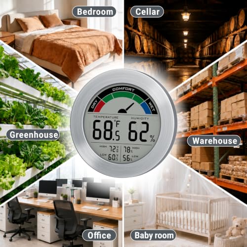 Digital Hygrometer Indoor Thermometer, Brushed Metal Frame, Silver | Large round display, clear digits, accurate readings, comfort gauge, humidity meter, room temperature and humidity monitor - color: Silver Stainless