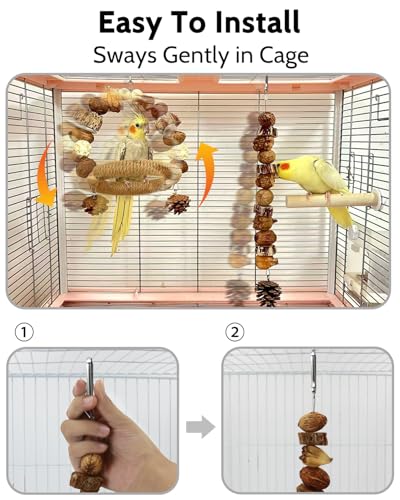 2Pcs Bird Chew Toys, Wood Sisal Swing Toy for Claw & Beak Care | Wooden Parrot Swing Wrapped With Sisal Supports Claw Grinding & Beak Trimming, Multi-Play Design for Budgie Conure Keeps Busy