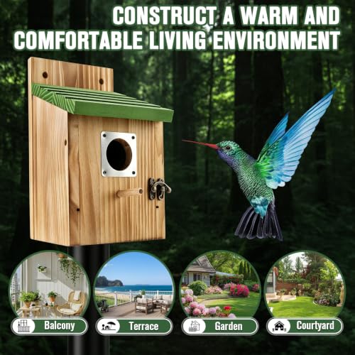 Bird Houses for Outside, 2 Pack Hanging Birdhouse for Outdoor | Wood Nest 1-1/2" Entrance, Metal Guards, Safety Locks, Flight Slots
