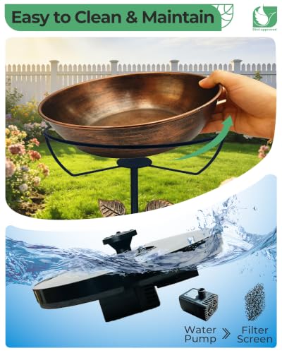 13" Metal Bird Bath with Solar Fountain, Battery & LED | 6.3" Fountain, 4 Fixed Rods, 5 Spray Patterns, 3" Deep Bowl, 1.4 Gallon Capacity, 5-Prong Stake for Flowing Water Feature