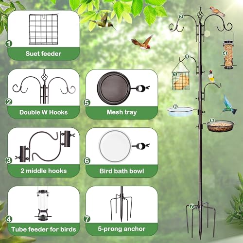 YINGYM Bird Feeding Station Kit, 87 Inch Bird Feeder Pole for Outside | Premium Feeder Hanging Kit with Double W-Hooks, Metal Suet, Bird Bath and Mesh Tray for Attracting Wild Birds - size: 87 Inches without Squirrel Baffle
