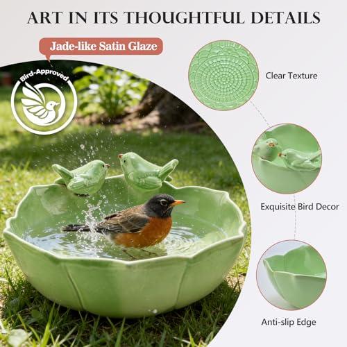 Glazed Ceramic Bird Bath Bowl for Outdoor Ground, UV/Frost-Resistant | 10.1" Birdbath and Feeders for Outside, Garden Table Top Bird Baths, Patio Yard Decor, Easy to Maintain, with Texture, Green - color: Light Green