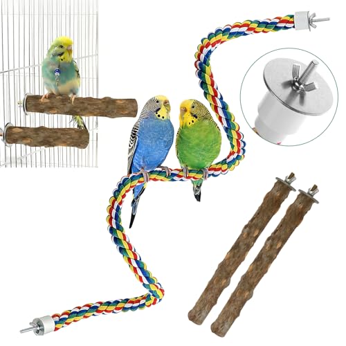 48" Bird Rope Perch & 2 Pack 7.9" Pepper Wood Perch Set, Flexible Climbing Toy & Bird Cage Perches for Parakeets, Cockatiels, Budgies, Lovebirds & Small to Medium Birds