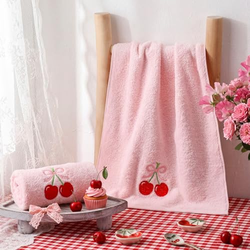 SmoothNovelty 2 Pcs Cherry Hand Towels for Bathroom Decor 14x29 Inch | Embroidered Cute Bathroom Hand Towels, 100% Cotton, Soft Absorbent, Spring Summer Bathroom Kitchen Decor - style: Cherry