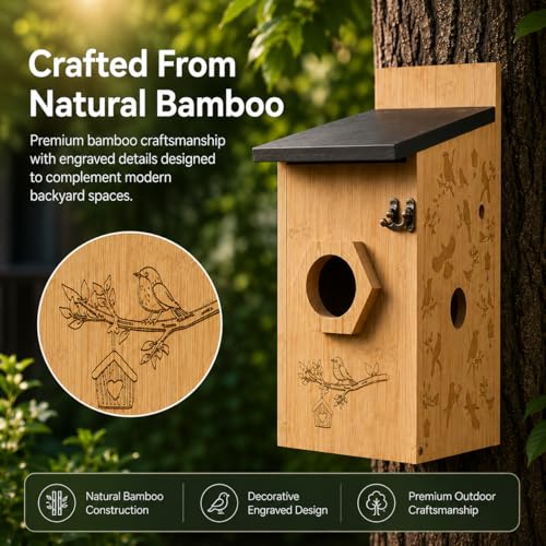 Smart Bird House with Camera, Wooden Birdhouse for Outdoor Bird Watching, App Live View, Color Night Vision, Motion Detection, 2-Way Audio, Waterproof Backyard Bird Nesting Box - color: Woodland Oak, size: Wired Edition