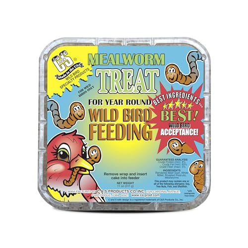 C&S Mealworm Treat Suet Treat, Suet Cakes for Wild Birds, Pack of 8 | Suet cakes for woodpeckers, made with real insects, use in a suet feeder year-round - style: Mealworm Treat, 8 Pack