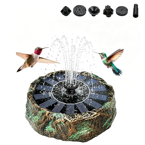 Solar Bird Bath Fountain,Premium Plastic Faux Stone Water Fountain Pump with 6 Nozzles,No Battery Water Feature for Birdbath,Garden,Patio,Small Pond Decoration 7.8" Bronze