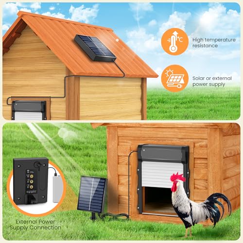 Automatic Chicken Coop Door with Timer & Light Sensor, Chicken coop Door Solar Powered Door with Remote Control & Anti-Pinch，External Power Supply Connection, Outdoor Electric Chicken coop Door