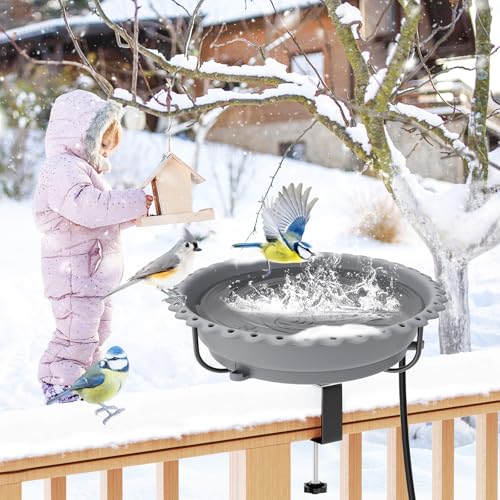 Heated Bird Bath for Outdoors,Deck Railing Heated BirdBaths,Grey | Upgraded 100W,Thermostatically Controlled,Adjustable Clamp 3.2",Easy Clean/Install,Detachable Bowl,Garden Yard Patio Lawn - color: Gray