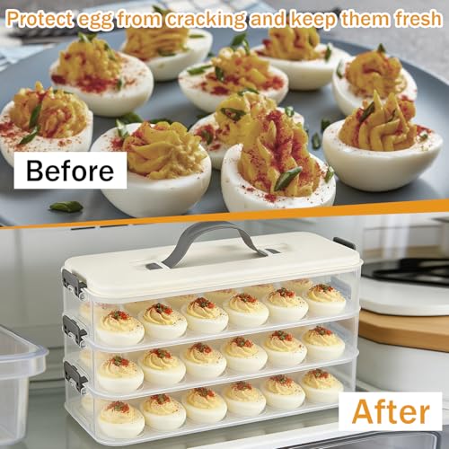 3-Layer Deviled Egg Container with Lid and Handle, Clear Plastic Deviled Egg Carrier for Fridge, Portable Stackable Eggs Holder Platter for Easter Party Picnics Camping Travel