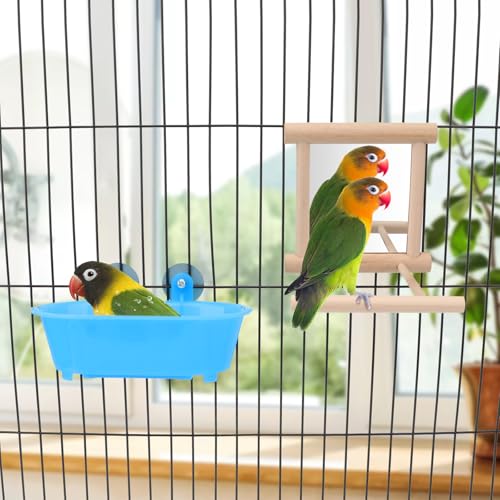 Wontee Bird Bath Parrot Bathing Tub Bird Mirror with Perch Toys for Budgies Parakeets Cockatiels Lovebirds Finches Canaries (Blue (A)) - color: Blue (A)