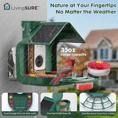 2-in-1 Smart Bird Feeder with Camera Outdoor Solar Powered Smart | Birdfeeder Live Stream Video Camera with AI Recognition for Outside Wild Birds Garden Decor - Bird Lover Gifts by LivingSURE