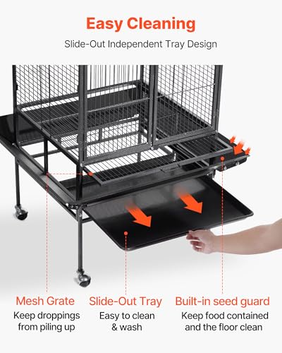 VEVOR Bird Cage, 32.7 x 31.1 x 82.7 inch, Open Flat Top, Wrought Iron Bird Flight Cage with Perches, Slide-Out Tray, Plastic Feeders, for Cockatiel, Monk Parakeet, Amazon Parrot, African Grey Parrot - size: 32.7"L x 31.1"W x 82.7"H