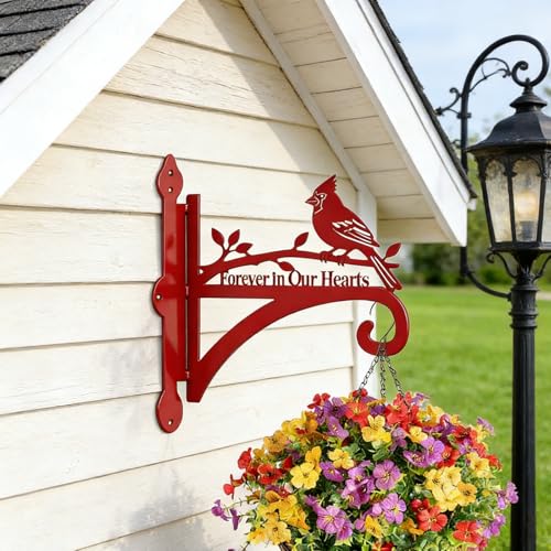 Cardinal Memorial Plant Hanger Hook, Sympathy Gift – 8.3"x9.8" Rustproof Metal Bracket with Forever in Our Hearts Red Cardinal Bird, Holds Planters Feeders Wind Chimes Lanterns Indoor Outdoor