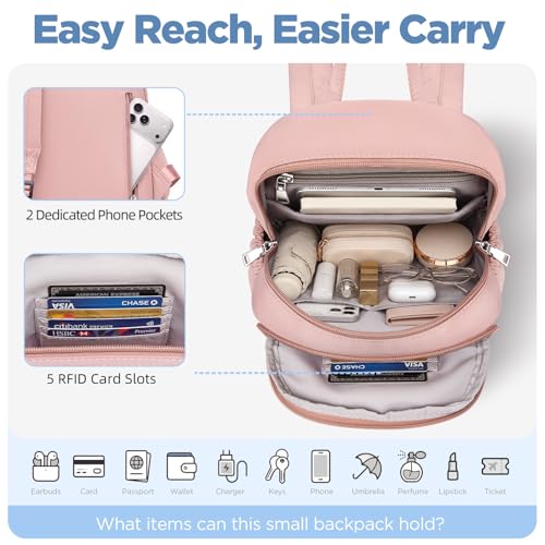 Mini Backpack for Women, Anti Theft RFID Small Travel Backpack | Compact Backpack with Built-in RFID Wallet(5 Slots) & Coin Purse, 10-Pocket Fits 11" Tablet, Puffer Nylon, Daily & Work - color: Pink