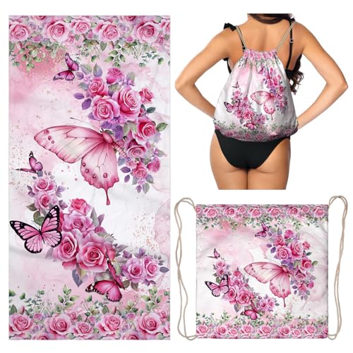Pink Butterfly Beach Towel Bag - Summer Multi-Functional Microfiber Picnic Blanket Flower Printed Drawstring Bag for Travel - color: Love Butterfly Pink