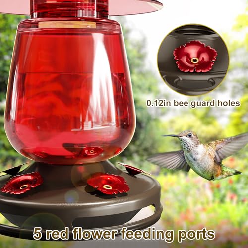 Auslar Glass Hummingbird Feeder for Outdoors, 16 Oz Bird Nectar Feeder, Red | Ant Moat & 5 Feeding Ports, Durable Glass, Ant and Bee Proof, Leakproof, Easy Clean and Fill, Garden Hanging Decor - color: Red