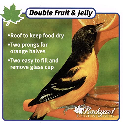 Double Fruit and Jelly Bird Feeder | Wood Roof Keeps Food Dry - 2 Prongs for Orange Halves - 2 Glass Jelly Cups, Sold Separately