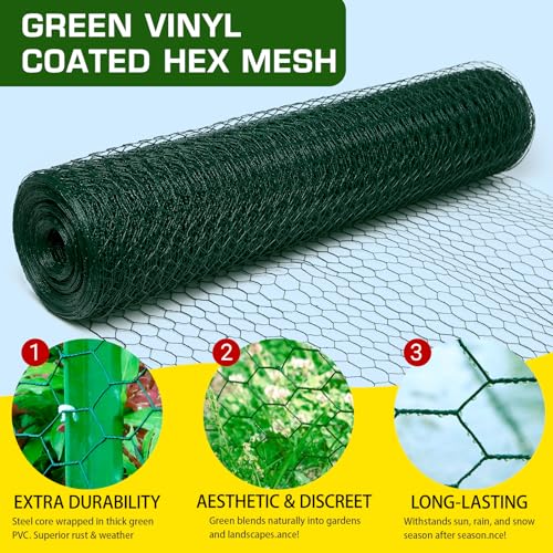 Chicken Wire 48inx150ft, Premium Chicken Wire Fencing, Chicken Wire Mesh, Green PVC Coated Metal Wire Fence, Galvanized Poultry Netting Barrier for Floral Arrangements/Craft Projects//Rabbit - color: Green, size: 48inx150ft