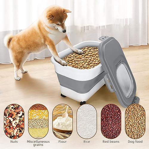 Dog Food Storage Container 17 lb, Airtight Pet Food Storage Containers with Wheels & Removable Sealed Lid, Collapsible Cat Food Containers Dry Food with Scoop and Measuring Cups - color: Gray & White