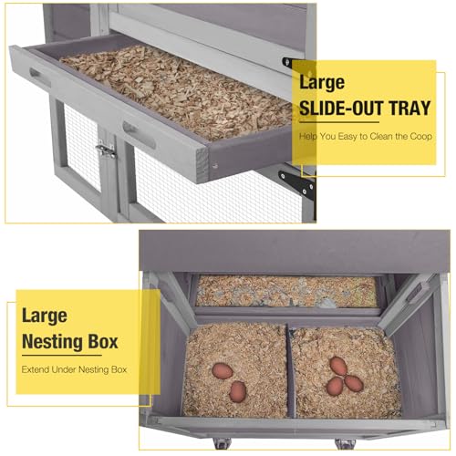 Aivituvin Mobile Chicken Coop with Wheels for 4-6 Chickens, Backyard Expandable Chicken House Duck Cage with Run, 2 Nesting Boxes, Easy Clean Pull-Out Tray, Leak-Resistant Asphalt Roof, 82.4"(Grey)