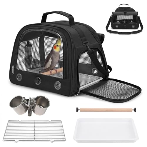 Bird Carrier, Lightweight Breathable Bird Backpack, Portable Wild Bird Carrier with Standing Perch for Parrot Travel Vet Visit (Black)