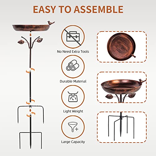 VEWOGARDEN 38" Tall Metal Bird Bath for Outside, Outdoor Bird Bath Feeder with 5-Pronged Stake for Garden, Yard, Patio Decor, Antique Bronze - color: Copper